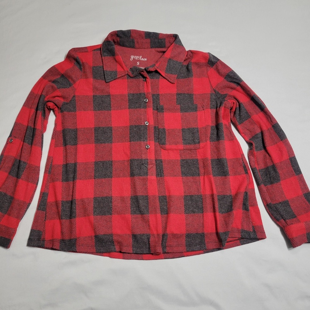 Grace & Lace Women's Red Buffalo Plaid Button Down Shirt Size Small